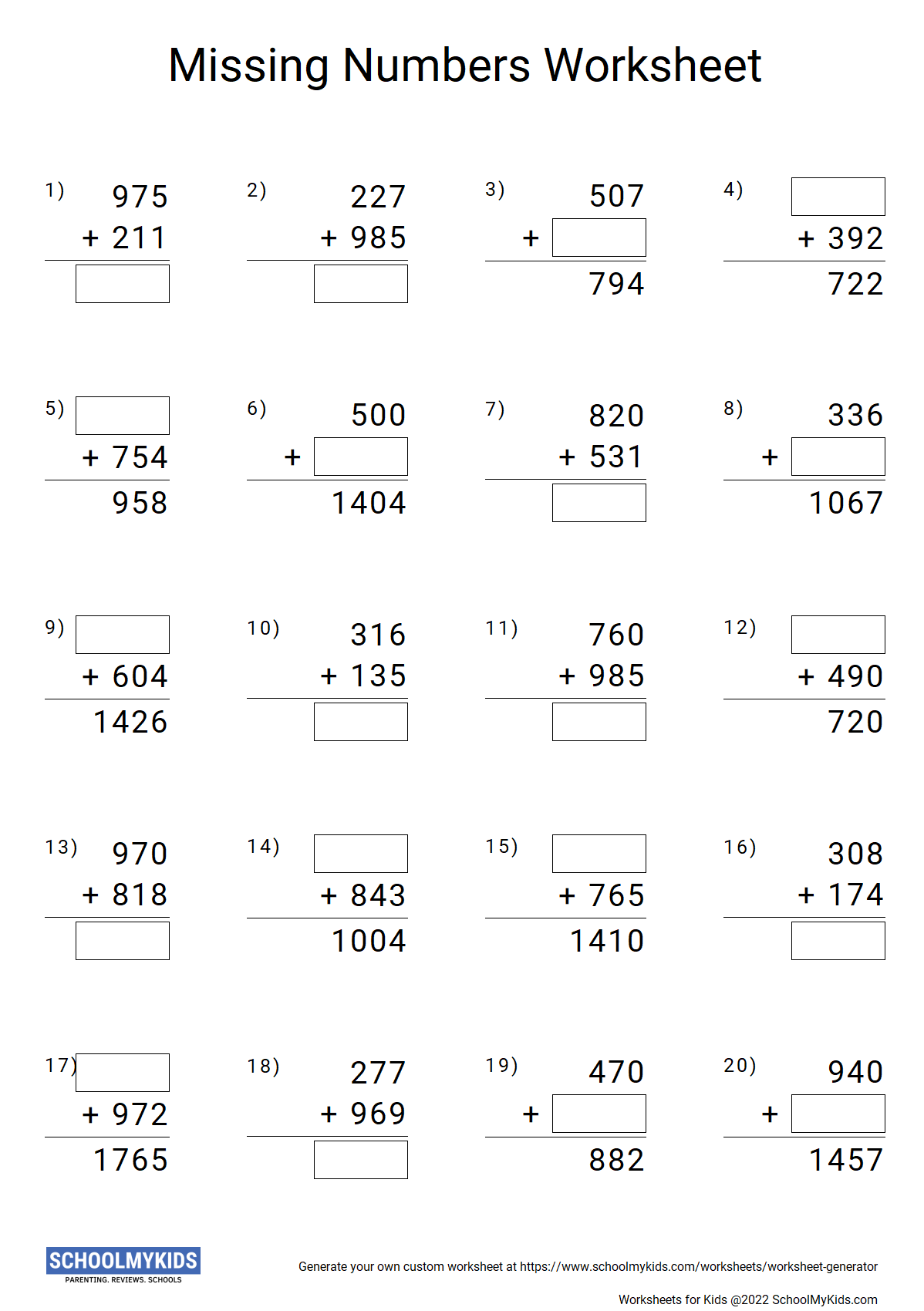 Addition Missing Numbers Worksheet Generator Math Worksheet Creater 