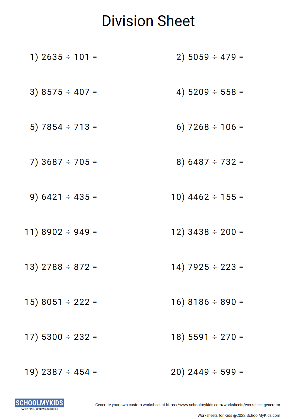 Division Worksheet Generator Math Worksheet Creater SchoolMyKids