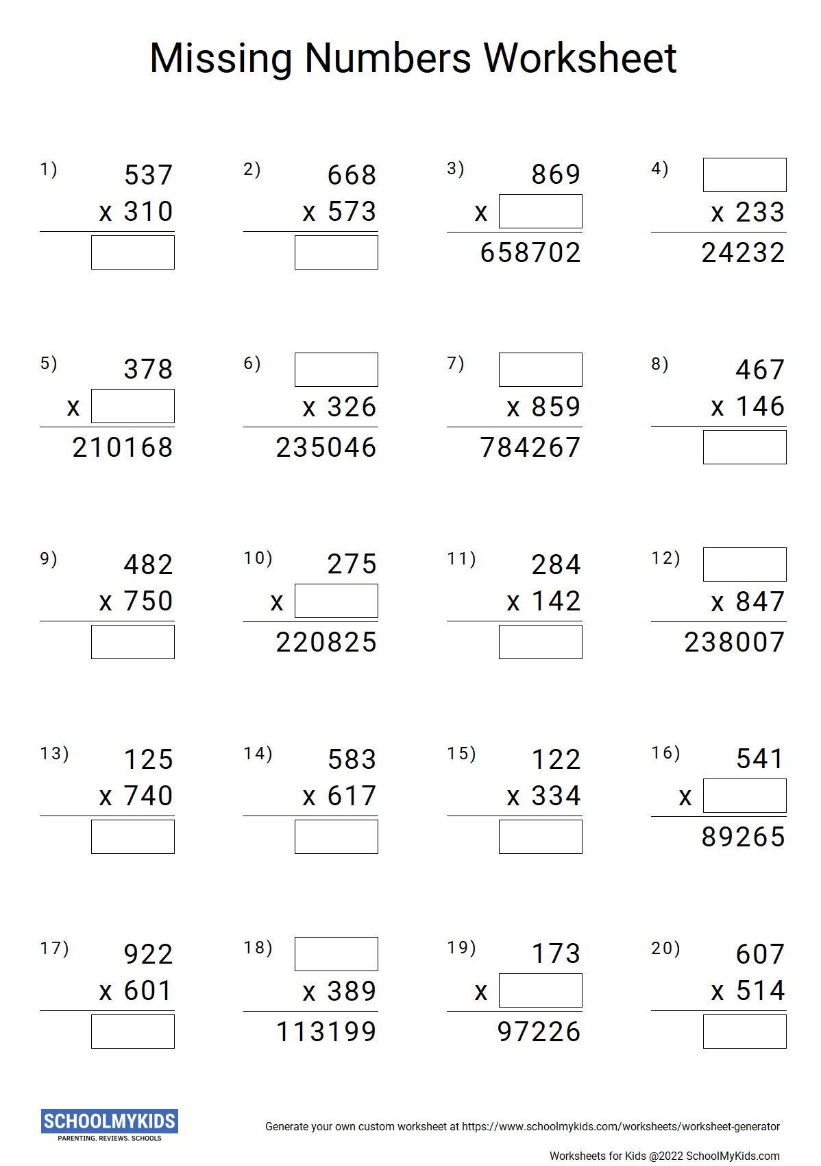 Multiplication Missing Numbers Worksheet Generator Math Worksheet Creater SchoolMyKids