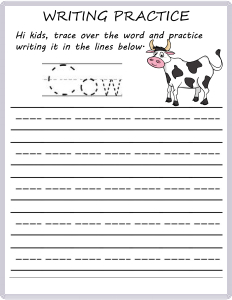 Writing Practice - Trace the Words - Cow worksheet for Kindergarten ...