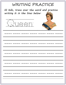 writing practice trace the words queen worksheets for kindergarten first grade english worksheets schoolmykids com