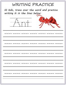 writing practice trace the words ant worksheets for kindergarten