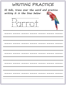 Writing Practice - Trace the Words - Parrot worksheet for Kindergarten ...