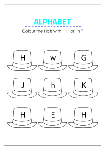 color the hats with h capital and small letter identification worksheets for preschool kindergarten grade english worksheets schoolmykids com