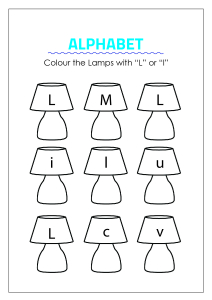 color the lamps with letter l capital and small letter identification worksheets for preschool kindergarten grade english worksheets schoolmykids com